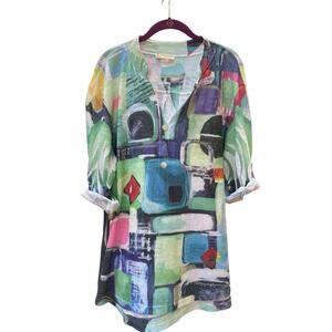 Impulse California Multi Color Top Geometric Shirt Tunic Cuffed Sleeve Light